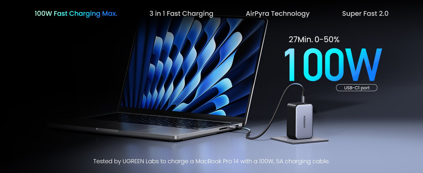 UGREEN 100W USB C Charger X 3-Port Foldable Power Adapter Image 3