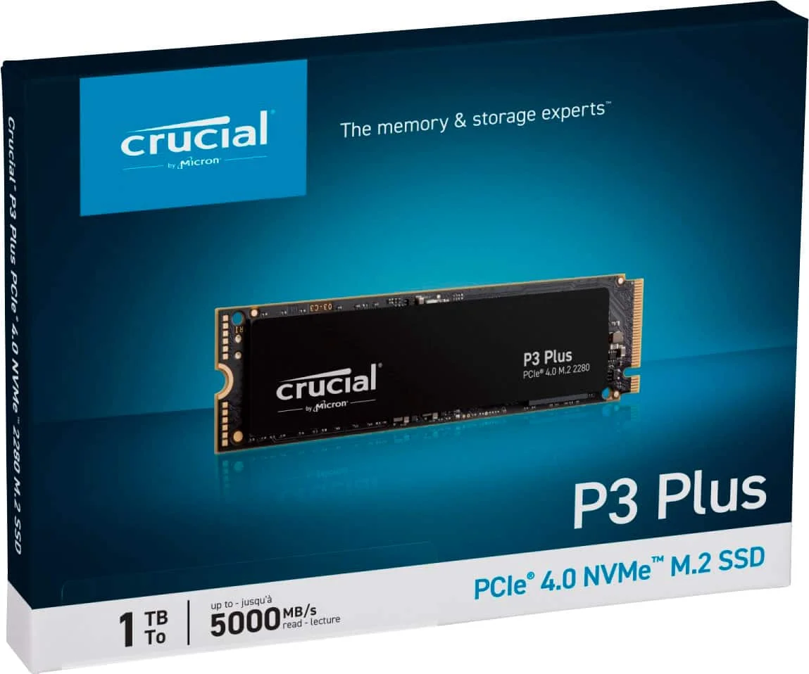 Crucial P3 Plus NVMe SSD - front design view Crucial P3 Plus NVMe SSD - front design view