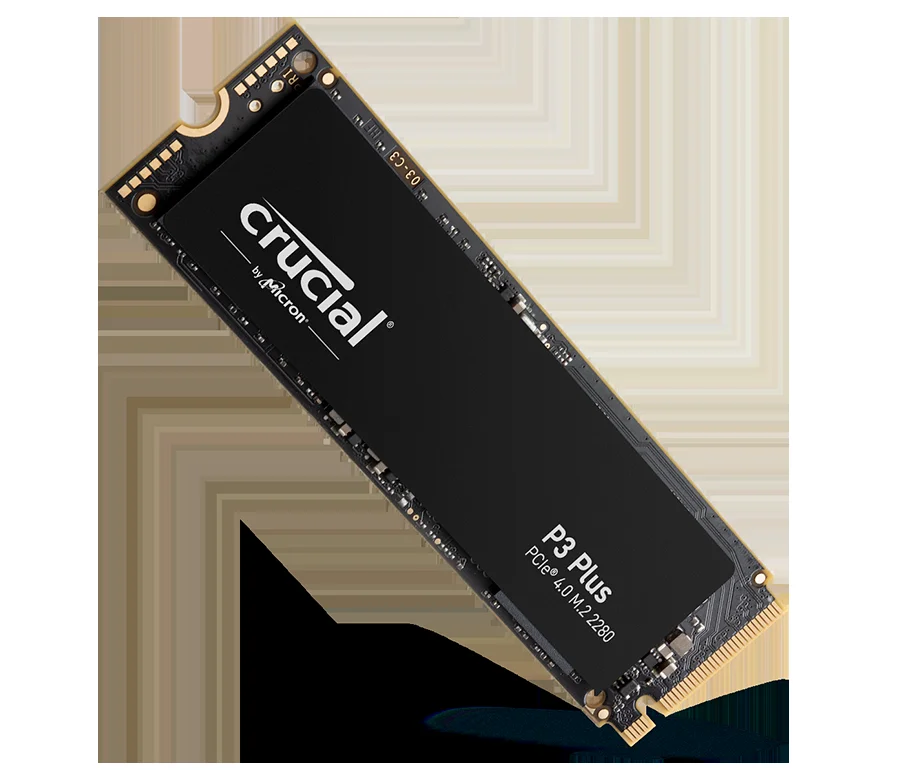 Crucial P3 Plus NVMe SSD - detail closeup Crucial P3 Plus NVMe SSD - detail closeup