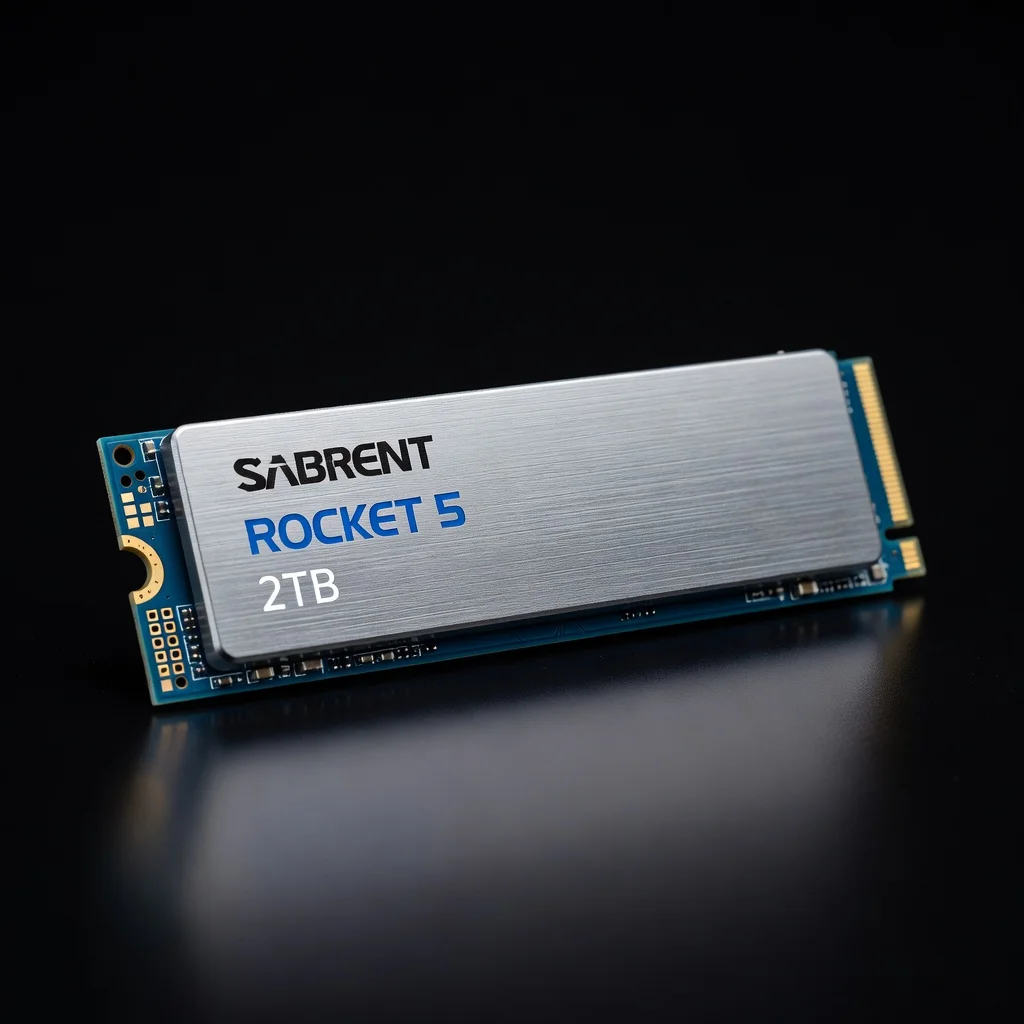 Sabrent Rocket 5 2TB NVMe SSD - detail closeup Sabrent Rocket 5 2TB NVMe SSD - detail closeup